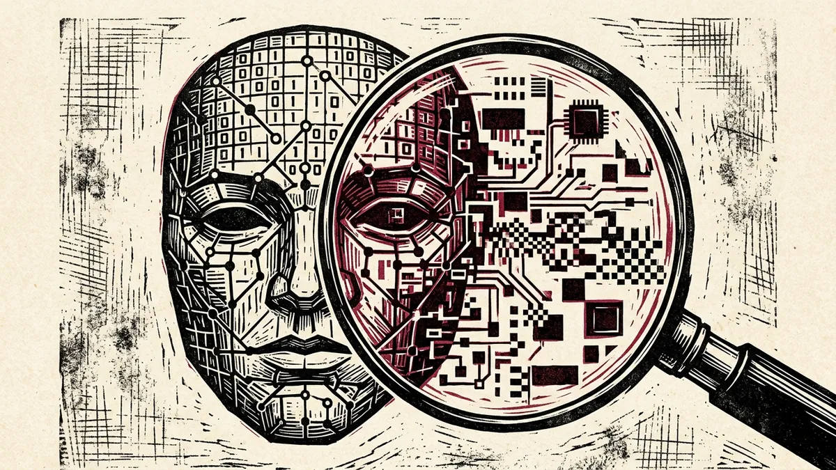 Editorial woodblock illustration showing an optical magnifying loupe dissecting an artificial neural lattice face, exposing digital circuit grids.