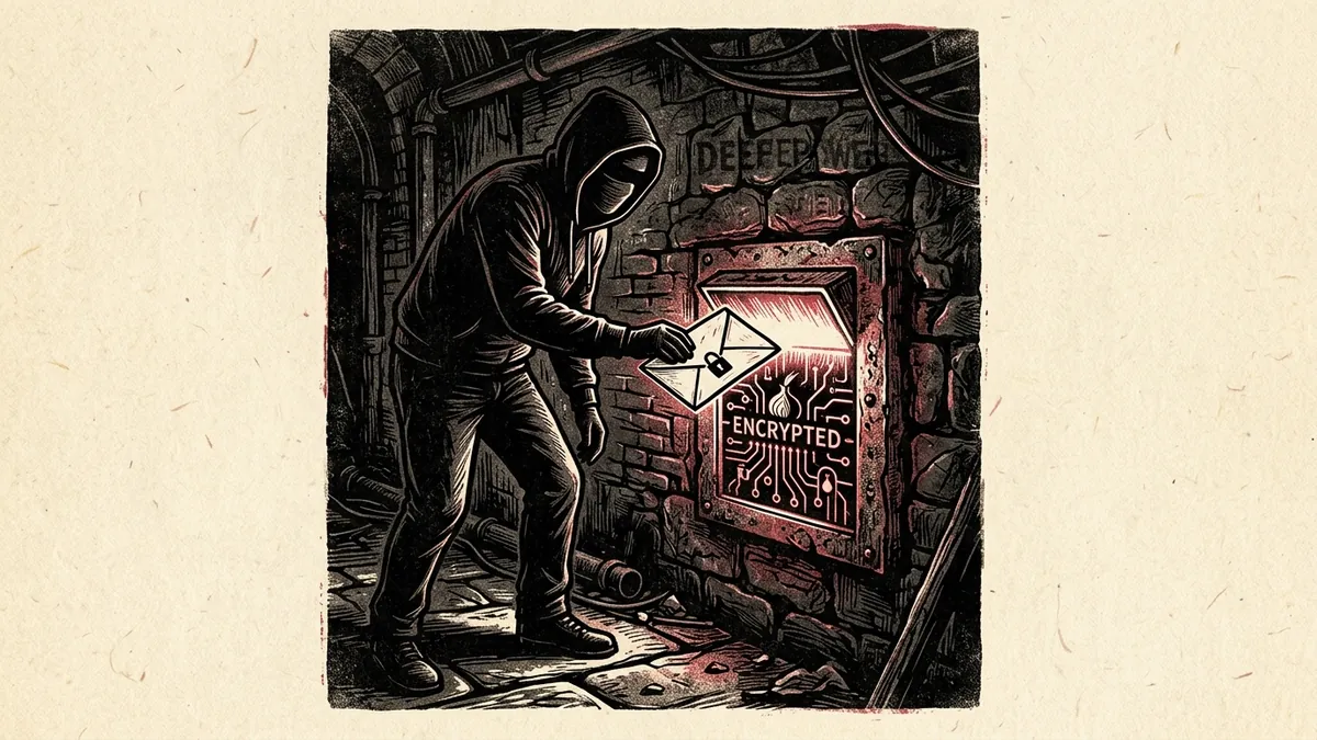 Editorial woodblock illustration showing a hooded whistleblower depositing an encrypted envelope into a subterranean digital dead drop box.