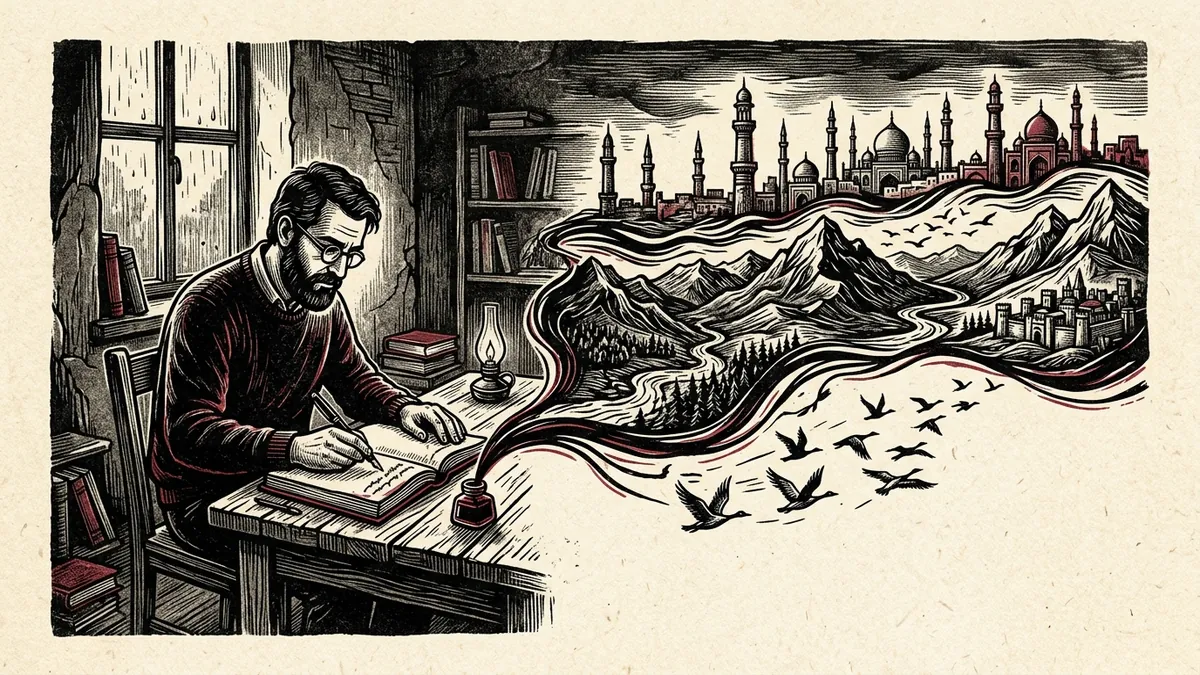 Editorial woodblock illustration showing an author writing in exile, the ink from his pen transforming into mountain horizons and distant minarets.