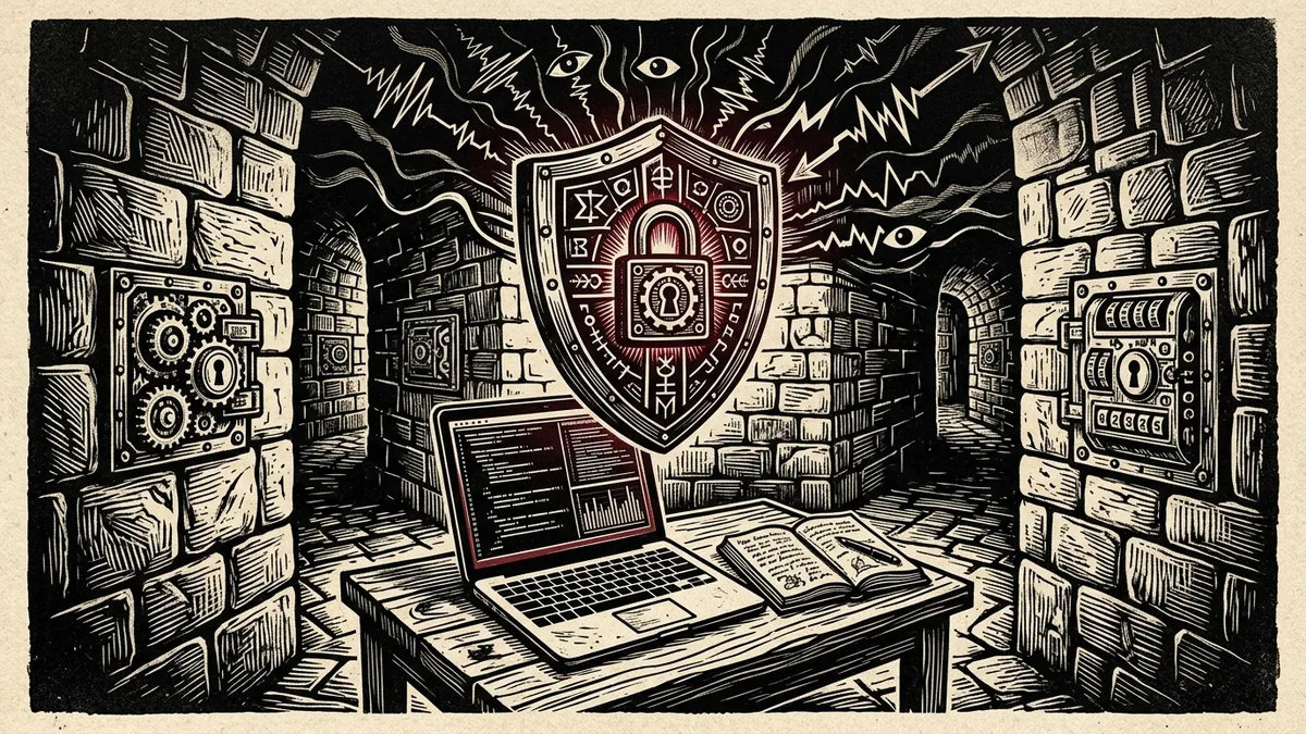 Editorial woodblock illustration showing a cryptographic shield guarding an open laptop against surveillance waves in a secure stone labyrinth.