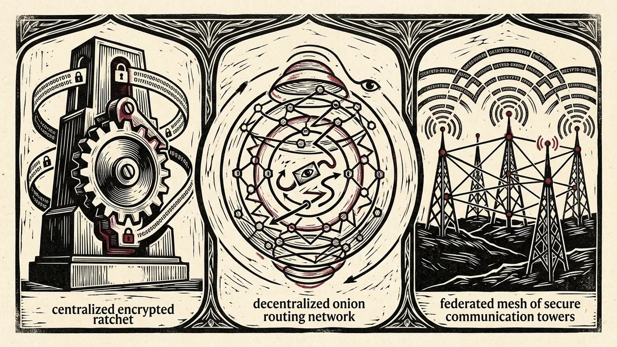 Editorial woodblock triptych illustration comparing a centralized encrypted ratchet, decentralized onion routing network, and federated communication mesh.