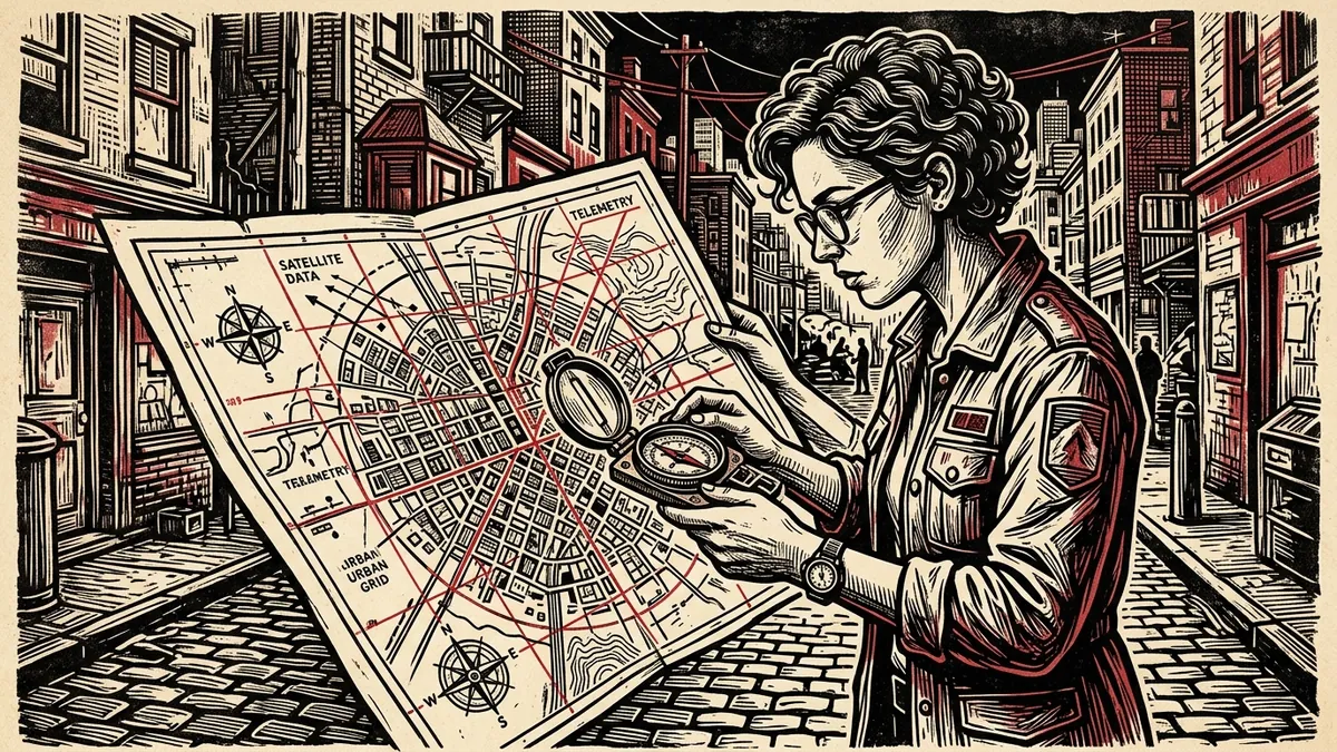 Editorial woodblock illustration showing an investigator holding a cartographic compass over an urban grid and satellite telemetry map.