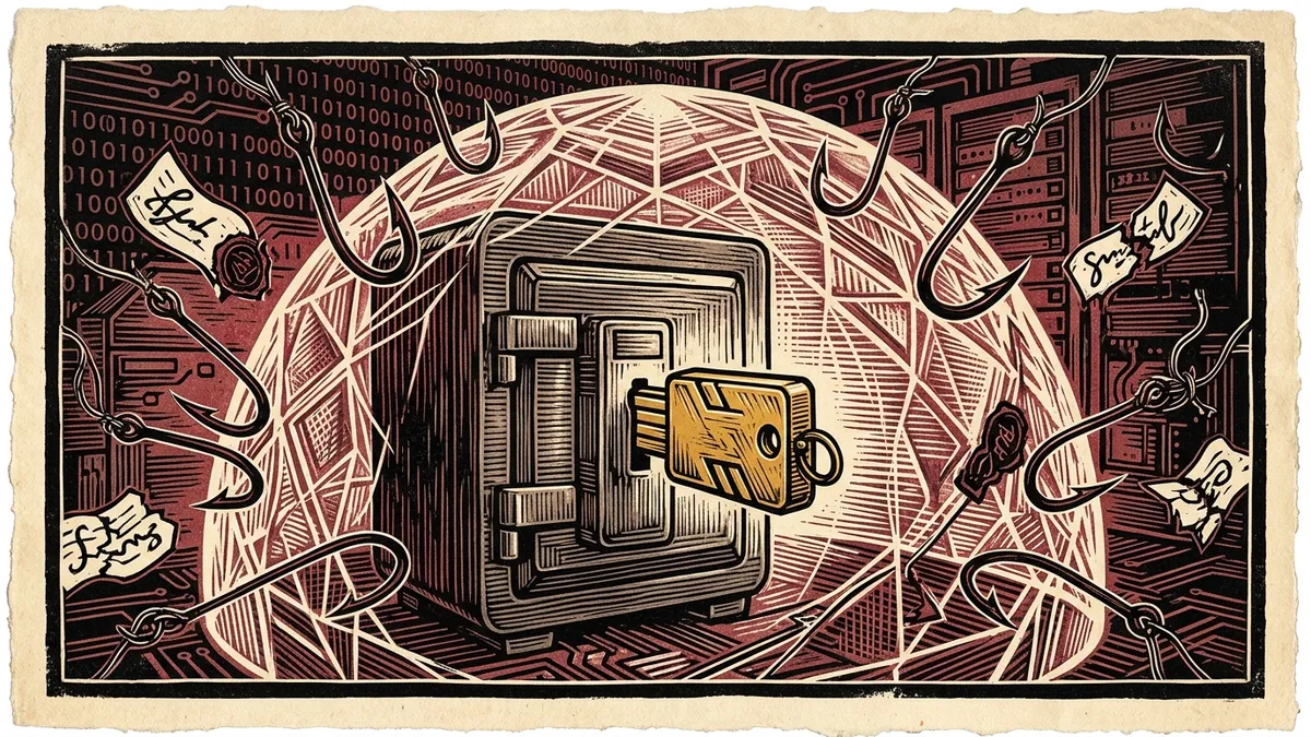 Editorial woodblock illustration showing a golden hardware USB key creating a cryptographic forcefield around a digital vault, deflecting phishing hooks.