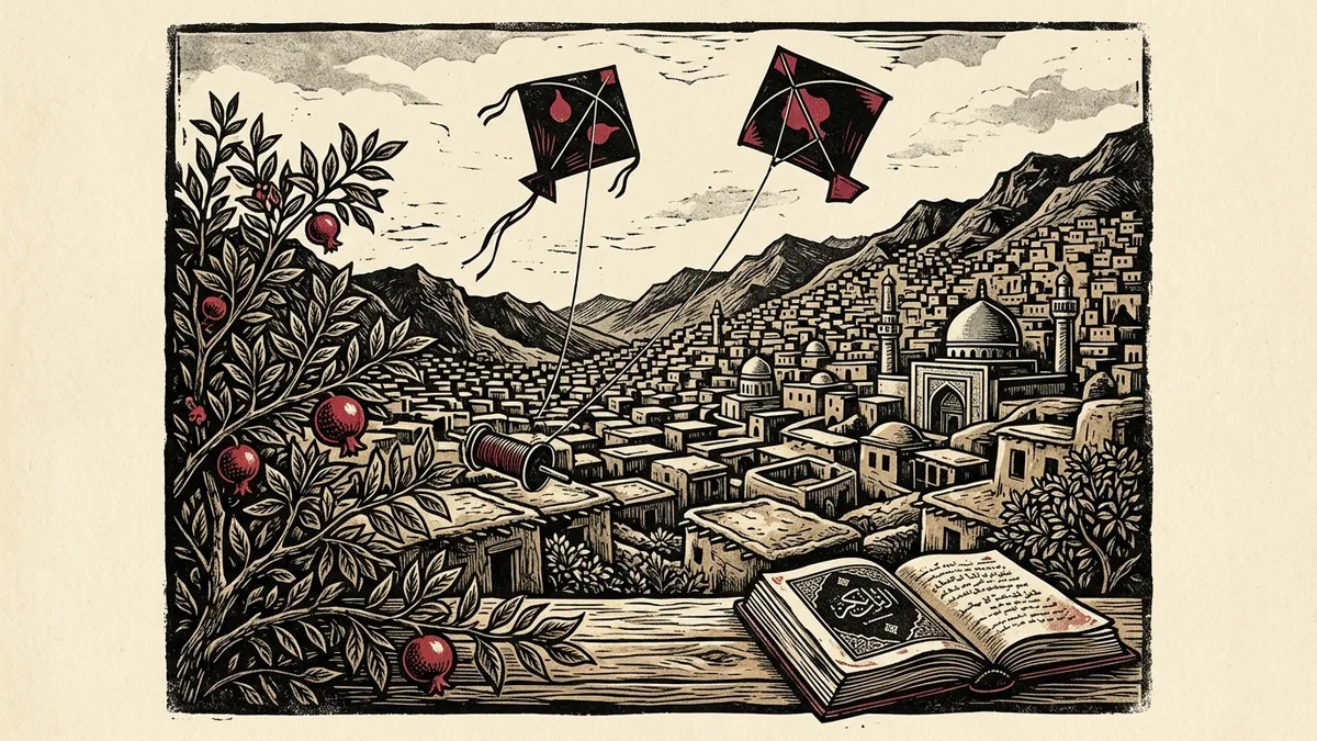 Editorial woodblock illustration showing two kites soaring above the rooftops and clay minarets of Kabul, with a pomegranate tree in the foreground.