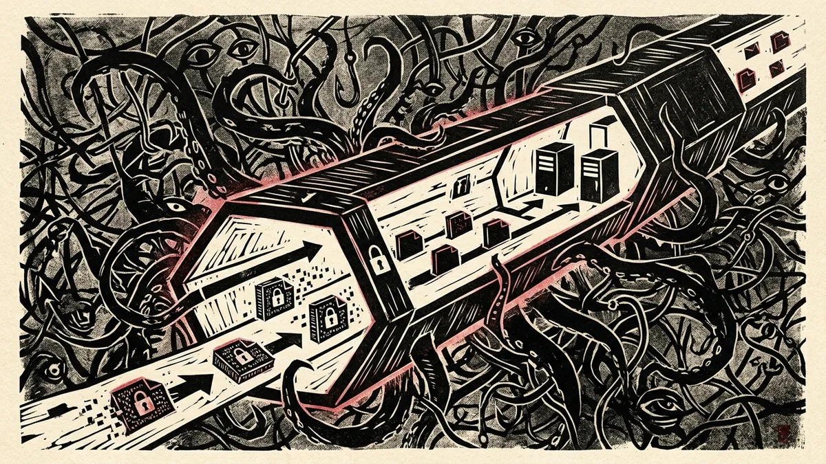 Editorial woodblock illustration showing an encrypted tunnel cutting through an oceanic network of surveillance tentacles to shielded RAM servers.