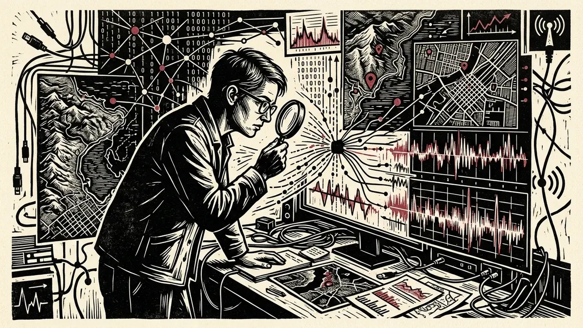 Editorial woodblock illustration of a digital investigator analyzing optical data streams, satellite maps, and forensic waveforms.