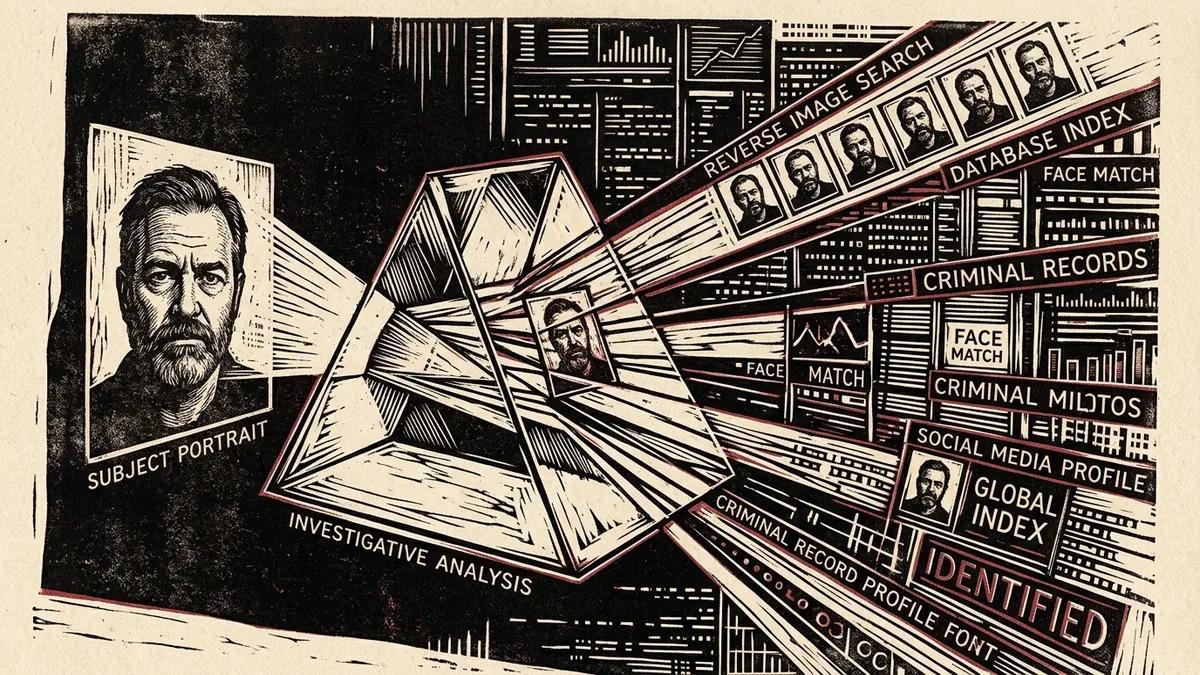 Editorial woodblock illustration showing an investigative prism refracting a subject portrait into database match profiles.