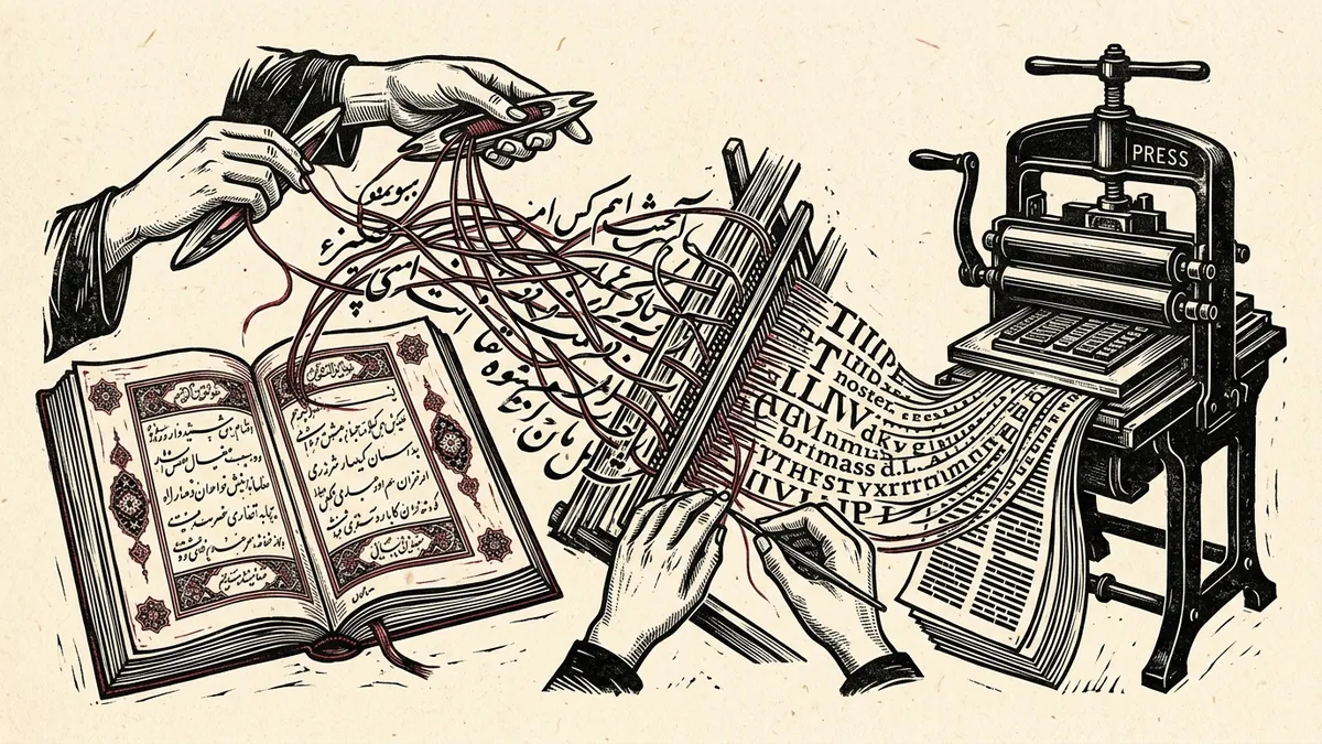 Editorial woodblock illustration showing hands weaving intricate calligraphic threads between an ornate manuscript and a modern printing press.