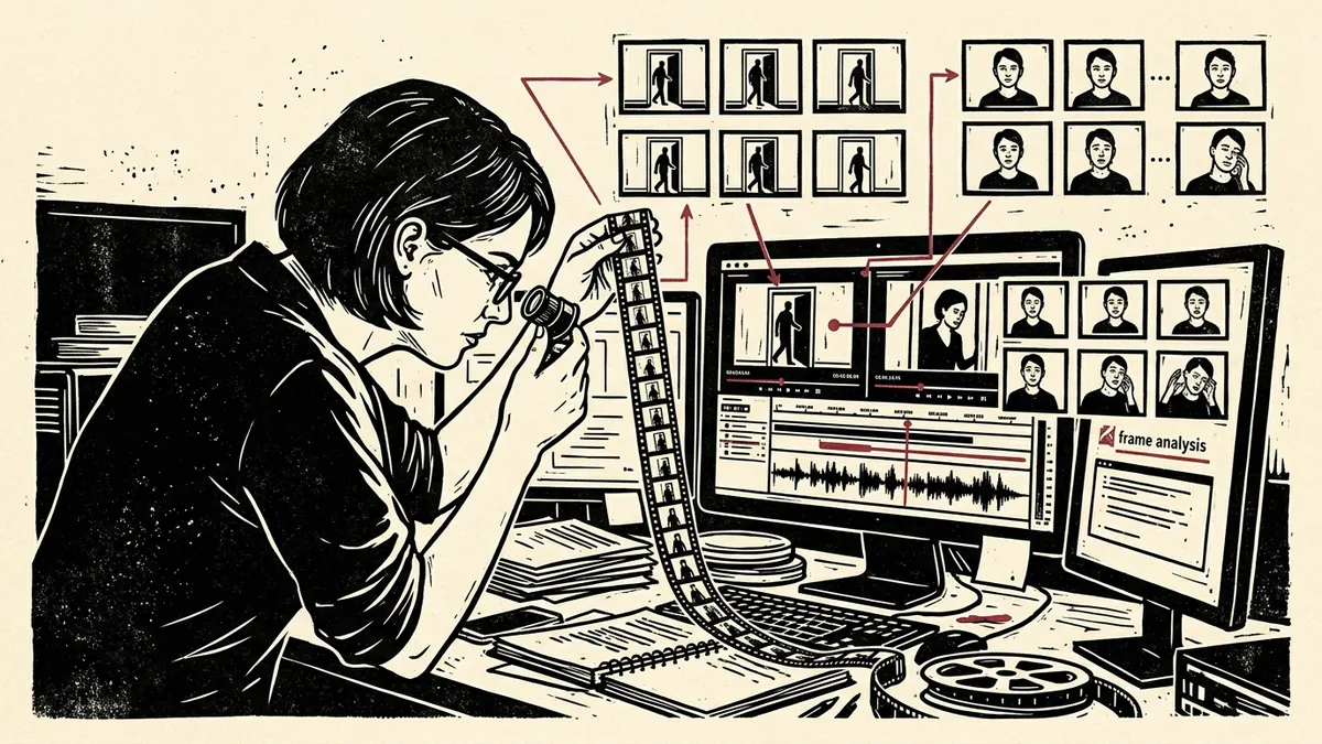 Editorial linocut illustration showing an analyst examining video keyframes, audio waveforms, and film strips on workstation monitors.